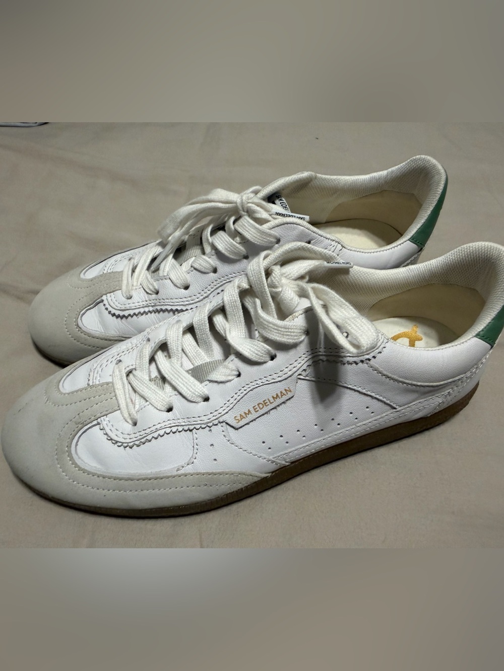 Sam Edelman Kallen Sneaker White Leather Low-Top Sneakers with Green Trim